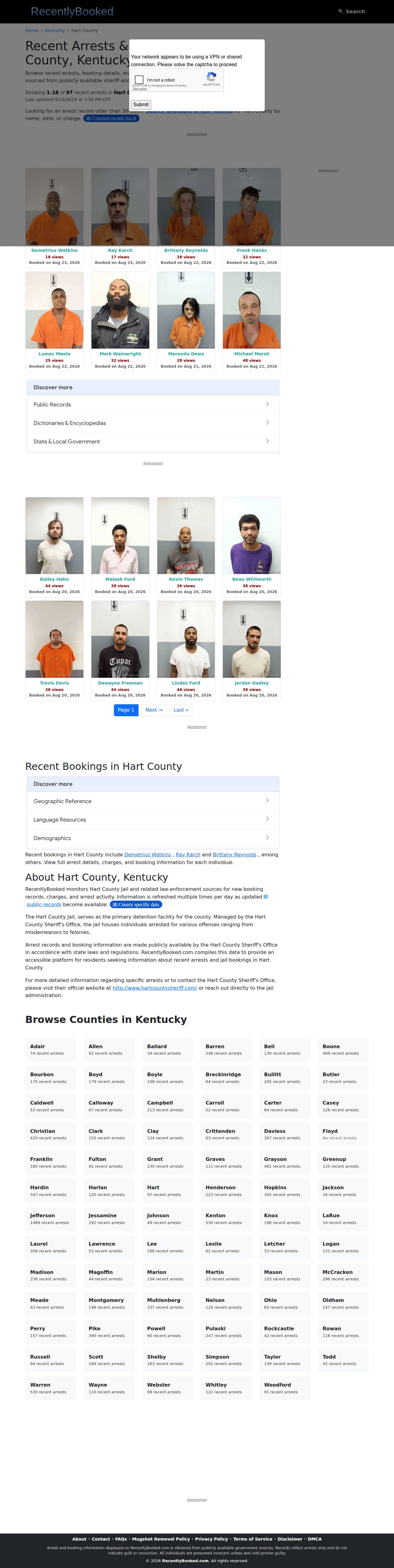 Unofficial RecentlyBooked Hart archive relevant to Edmonson County bookings