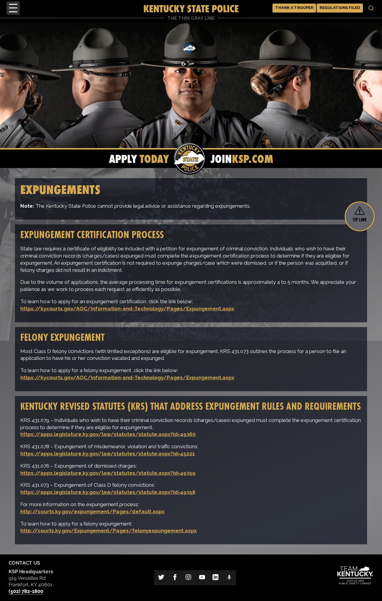 Kentucky State Police expungement guidance for Edmonson County arrest records